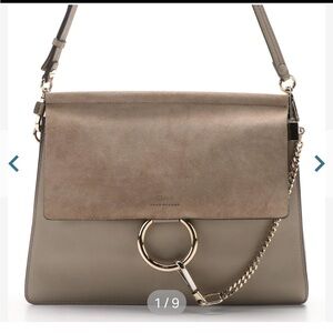 Chloe Faye Shoulder Bag in Grey Leather and Suede; Medium